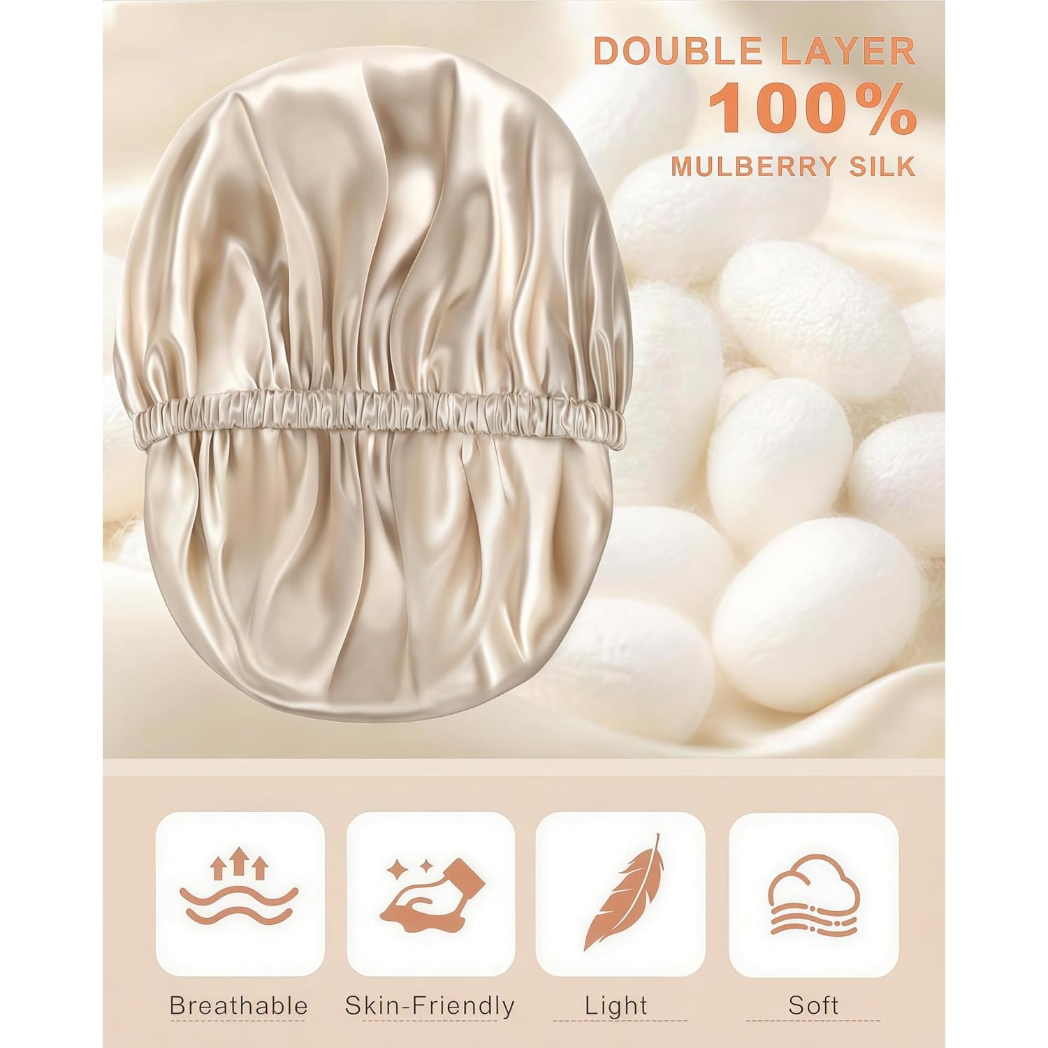 Beige 22 Momme Double Layer Silk Bonnet, detail view
